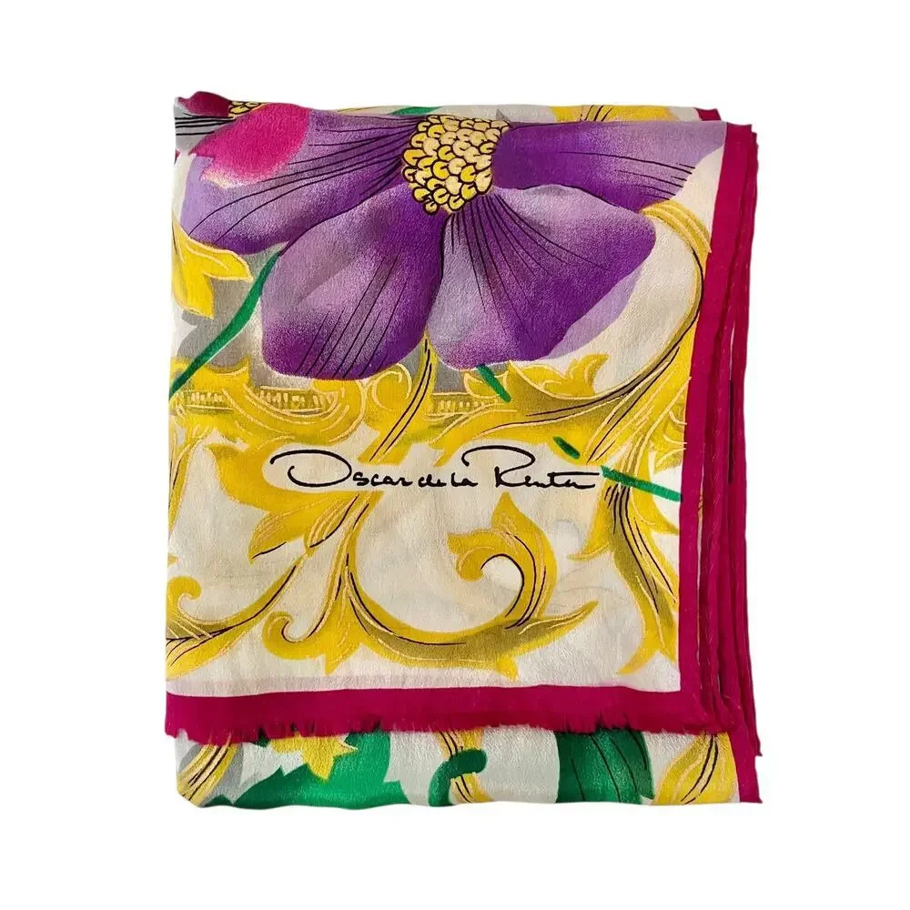 Oscar de la Renta Vintage Baroque Floral Metallic Gold Crepe de Chine Silk Scarf